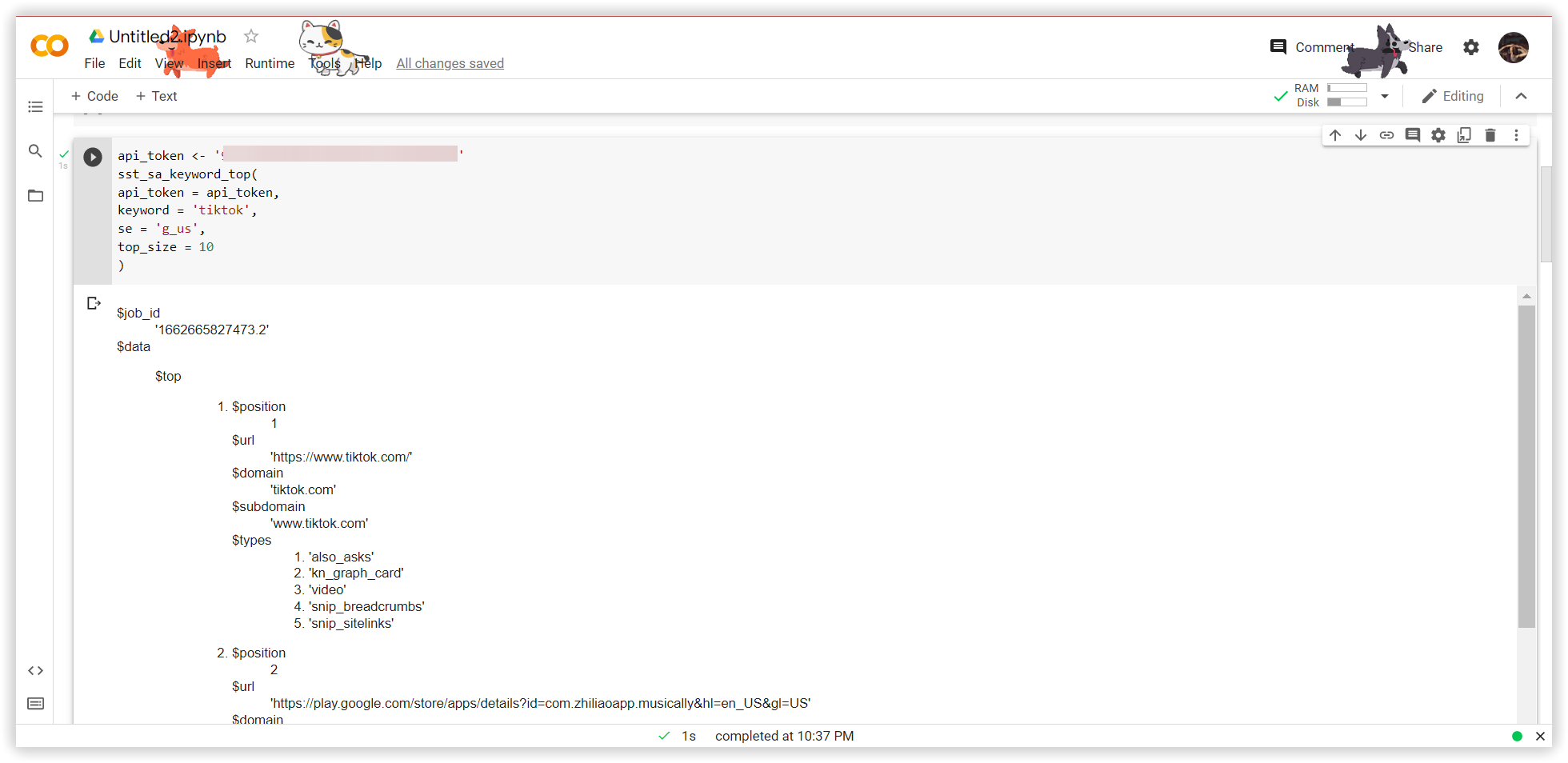 The output with URLs in the top