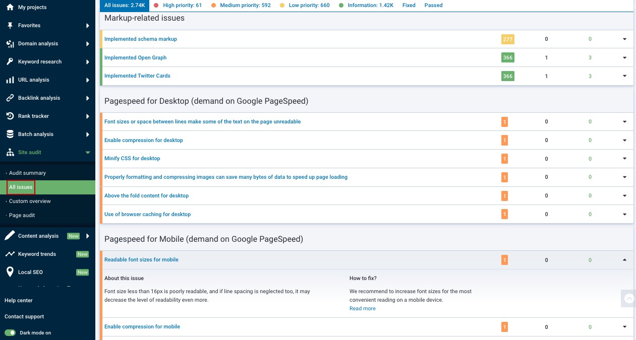 Serpstat Site Audit tool: report example