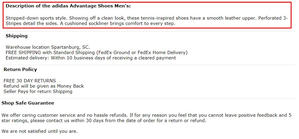 Product description in a commercial text