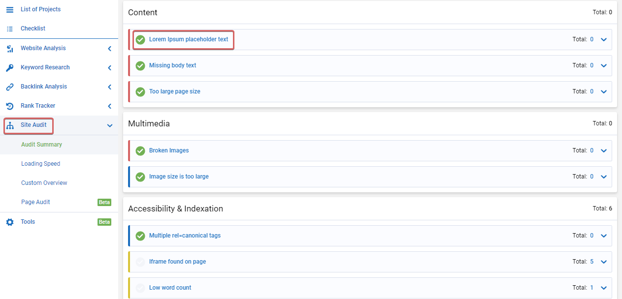 Pages with Lorem Ipsum on the site