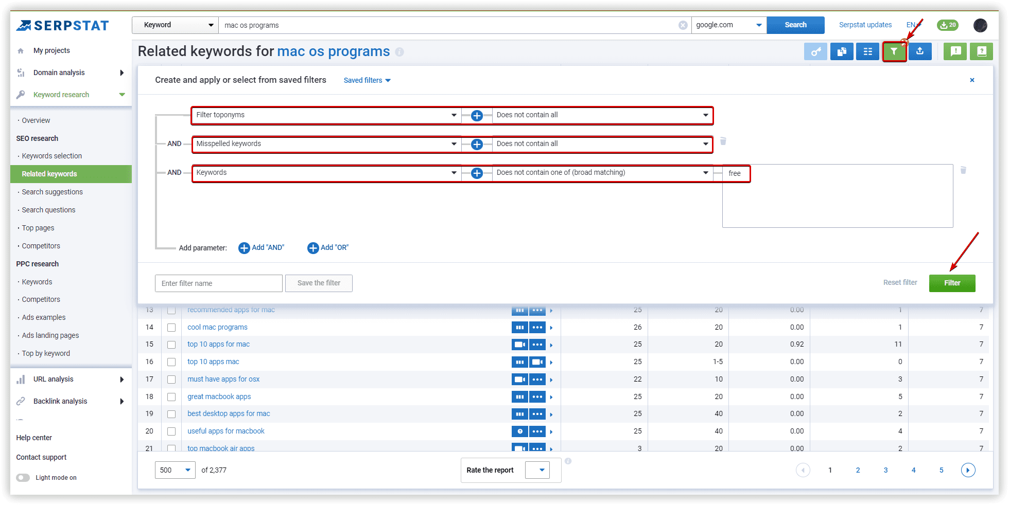 Filtering in Serpstat