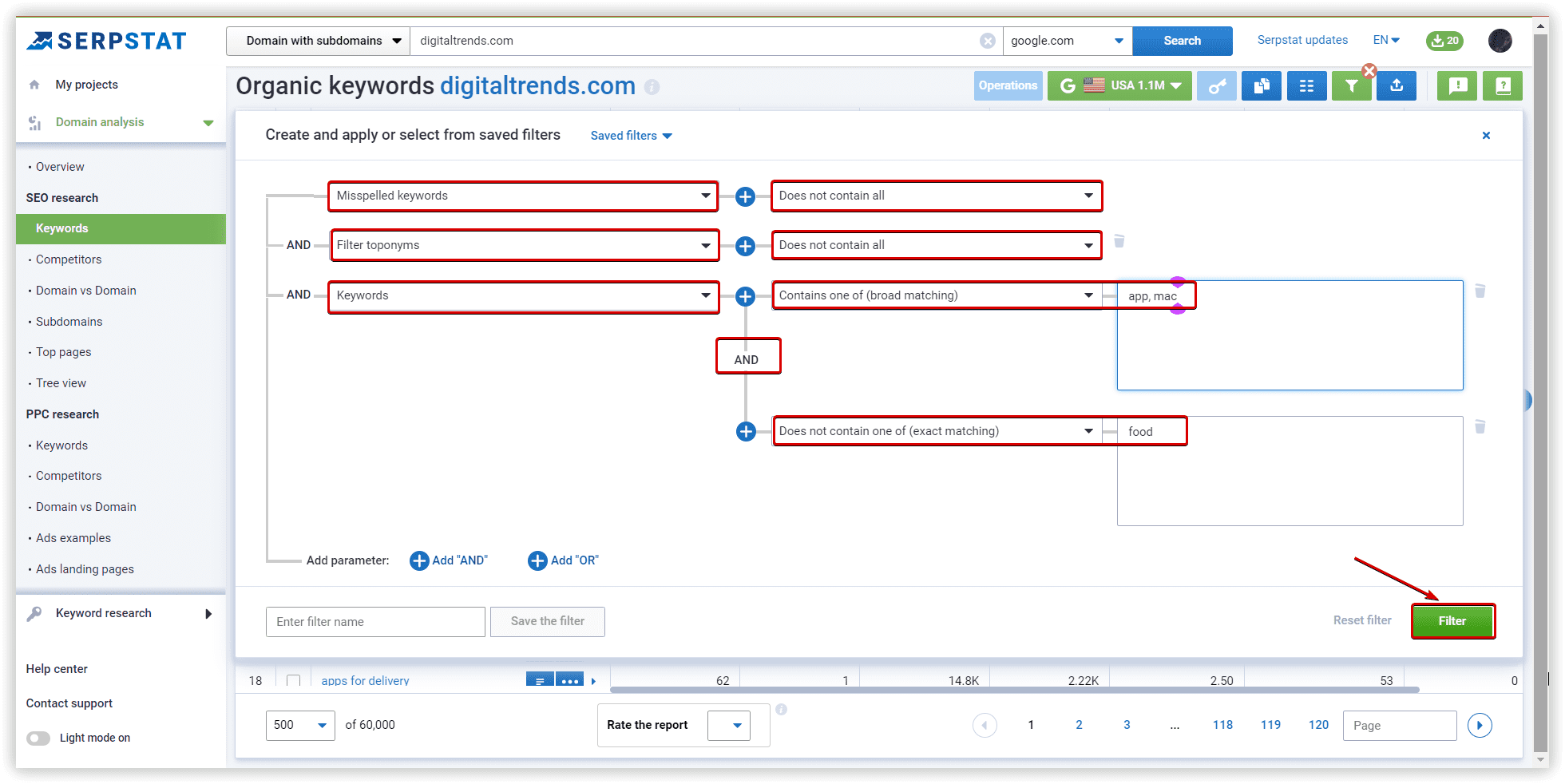 Filtering in Serpstat example