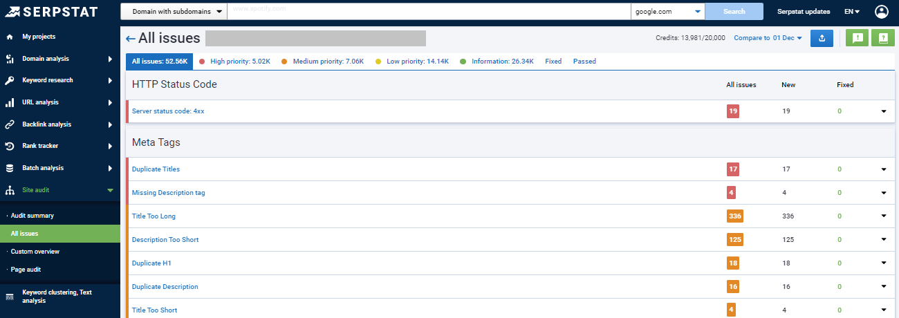 Meta tag issues detected by Serpstat's Audit Tool