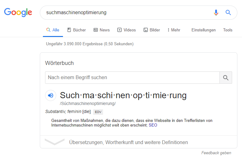 Hervorgehobenes Snipper bei Google