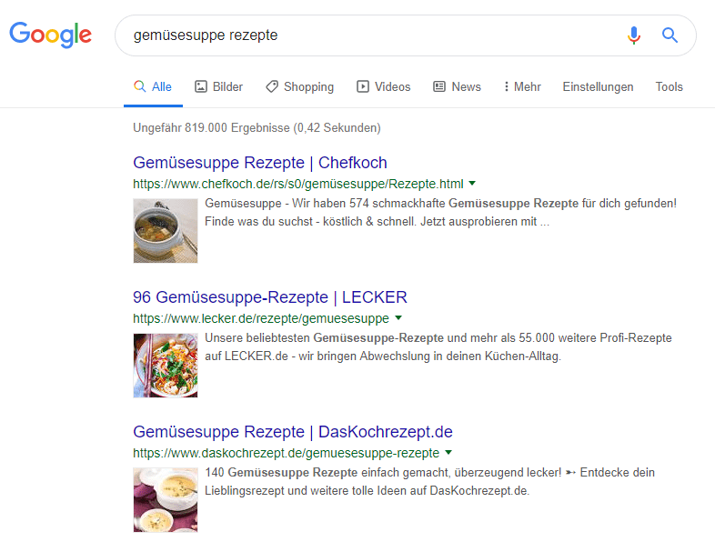 Snippet-Beispiele für Rezepte