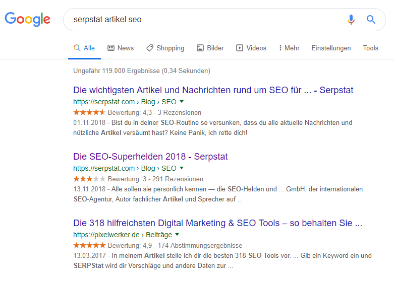 Artikel bei Google in Suchergebnissen