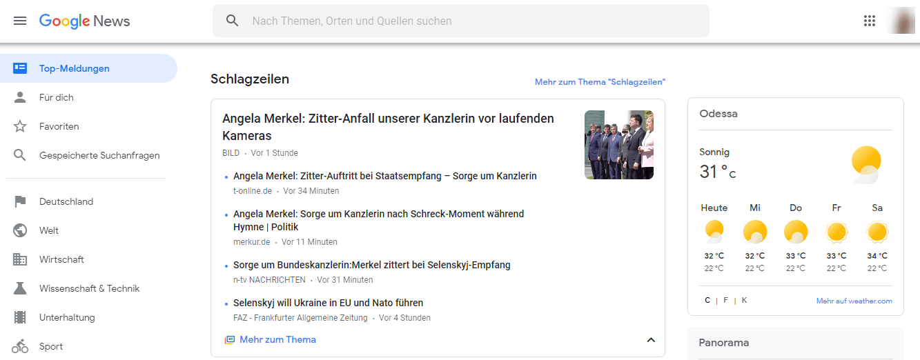 Hauptseite von Google News