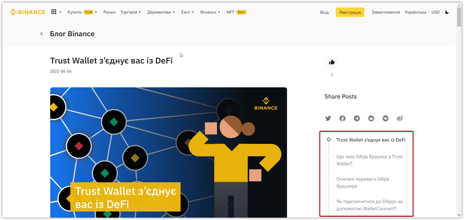 Приклад структури інформативної статті Binance