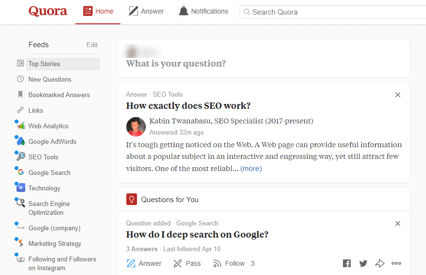 Пример ленты в Quora